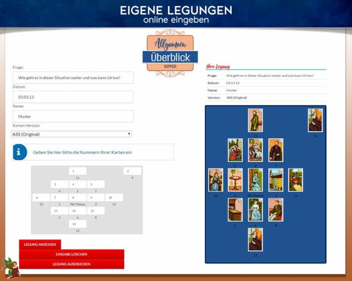 Kipperkarten eigene Legung online - Situationsüberblick mit 13 Karten