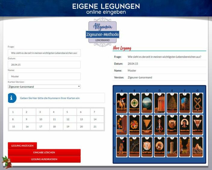 Lenormandkarten eigene Legung online - Zigeunermethode Vergangenheit - Gegenwart - Zukunft