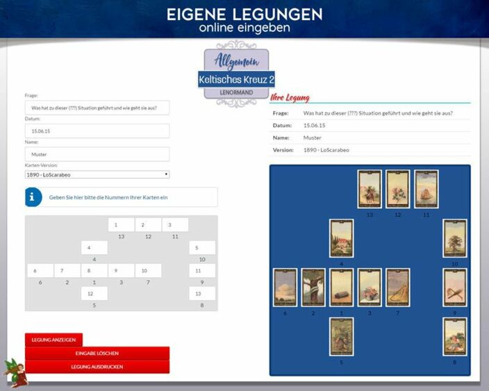 Lenormandkarten eigene Legung online - Keltisches Kreuz 2