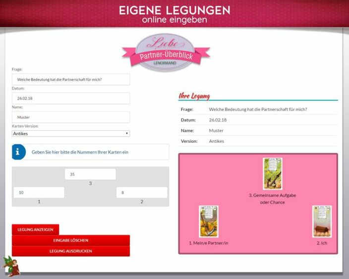 Lenormandkarten eigene Legung online - Partnerschafts Überblick