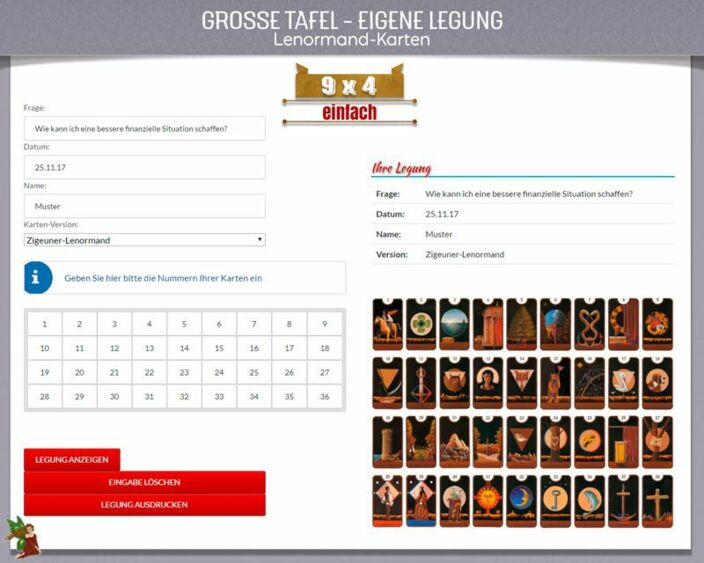 Lenormandkarten Große Tafel 9x4 - Eigene Legung zum Ausdrucken