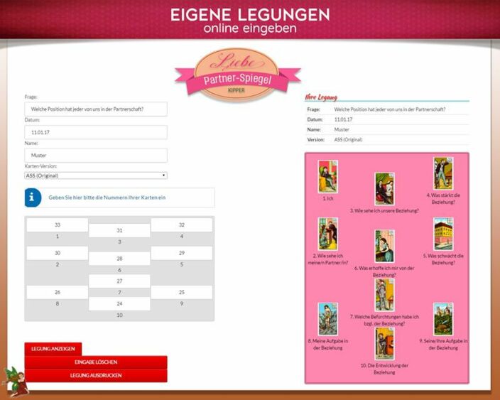 Kipperkarten eigene Legung online - Partnerschaftsspiegel
