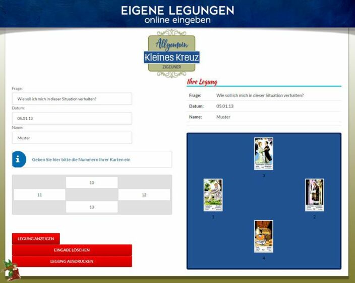 Zigeunerkarten eigene Legung online - Kleines Kreuz