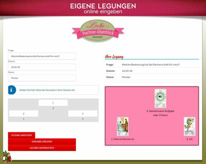 Zigeunerkarten eigene Legung online - Partnerschafts Überblick