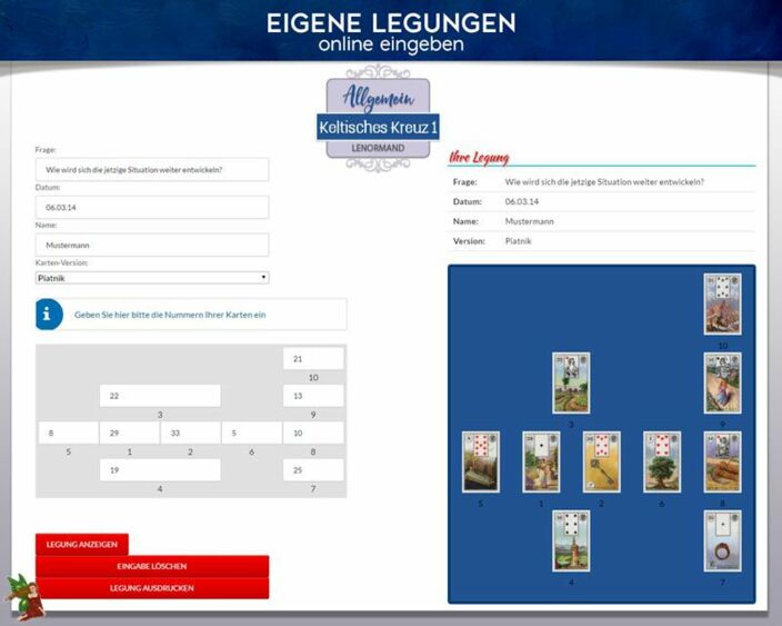 Lenormandkarten eigene Legung online - Keltisches Kreuz 1