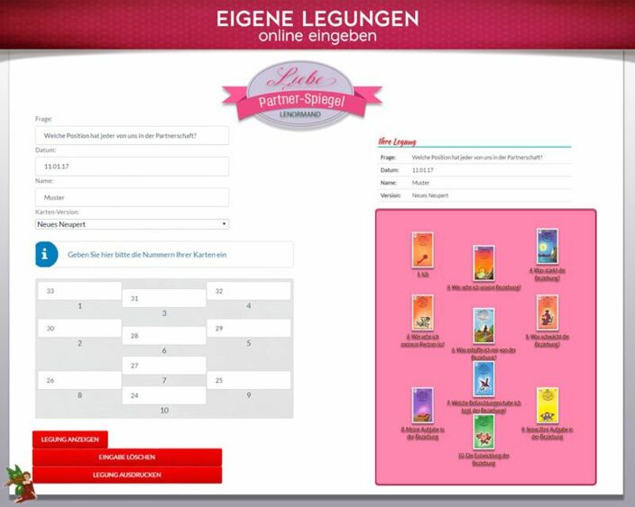 Lenormandkarten eigene Legung online - Partnerschaftsspiegel