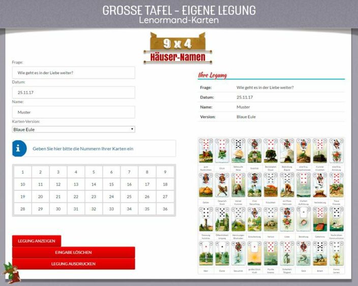 Lenormandkarten Große Tafel Häuser mit Namen 9x4 - Eigene Legung zum Ausdrucken