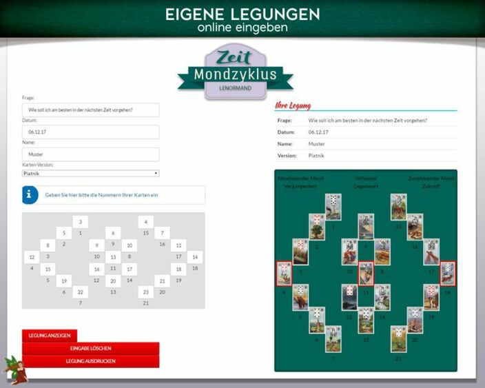 Lenormandkarten eigene Legung online - Mondzyklus