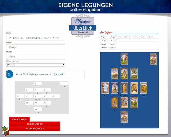 Lenormandkarten eigene Legung online - Situationsüberblick mit 13 Karten