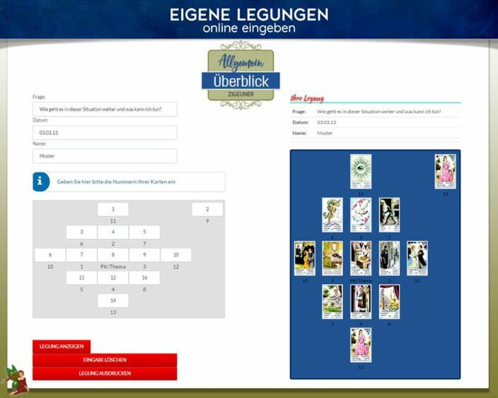 Zigeunerkarten eigene Legung online - Situationsüberblick mit 13 Karten
