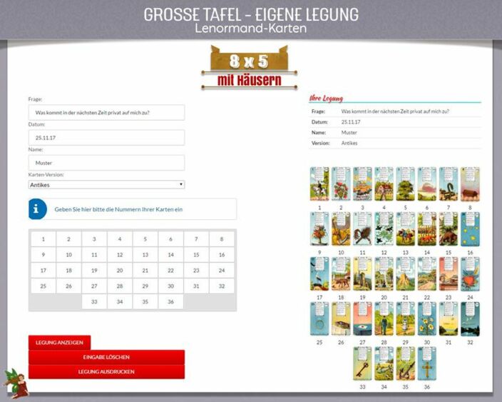Eingabemaske und Anzeige für Ihre Lenormand-Kartenlegung Große Tafel 8x5 mit Häusernummerierung