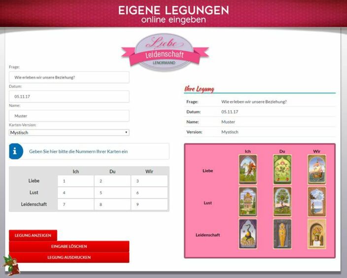 Lenormandkarten eigene Legung online - Leidenschaft