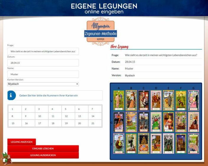 Kipperkarten eigene Legung online - Zigeunermethode Vergangenheit - Gegenwart - Zukunft