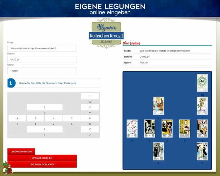 Zigeunerkarten eigene Legung online - Keltisches Kreuz 1